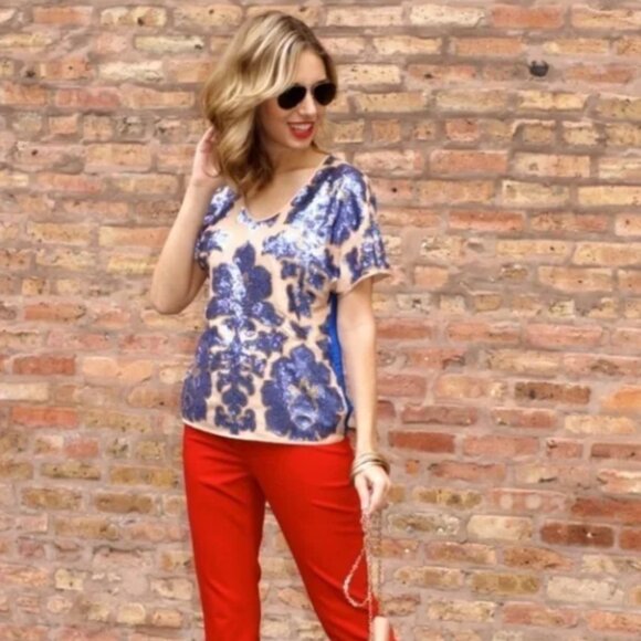 Tracy Reese x Neiman Marcus Blue Sequin Short Sleeve Blouse Top XXL - Picture 2 of 11